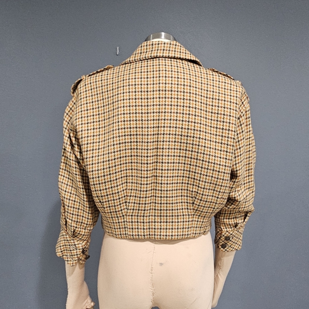 ATELIER SAB Women Wool Houndstooth Cream Brown Orange Cropped Jacket M/L - Picture 2 of 10